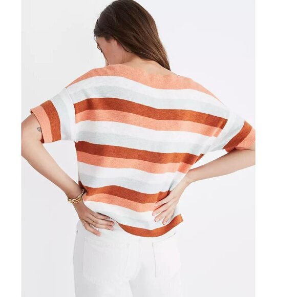 Madewell Light Knit Boxy Short Sleeve Cropped Sweater Top Amber Clay Stripe XXS - Picture 3 of 6